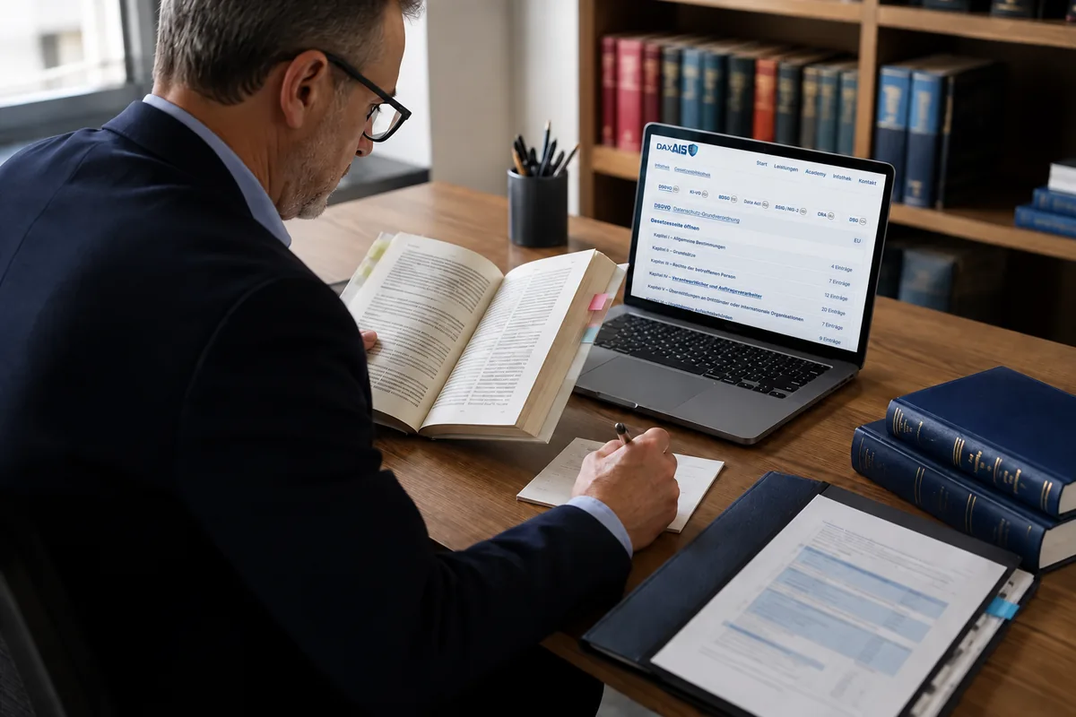 Recherche in der DAXAIS-Gesetzesbibliothek mit Laptop und Fachliteratur