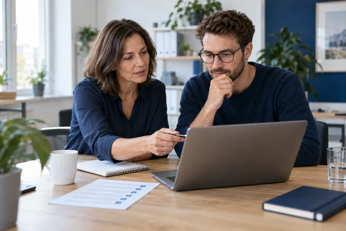 Zwei Mitarbeitende prüfen gemeinsam einen Entwurf am Laptop.