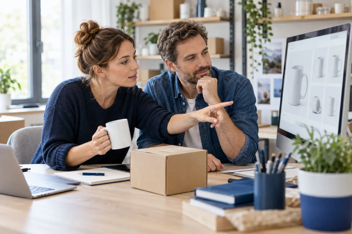 Ein E-Commerce-Team gleicht Produktinhalte am Bildschirm mit einem realen Produkt ab.