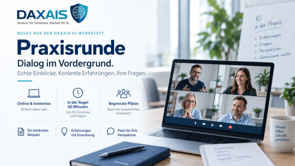 Illustrative Titelgrafik der DAXAIS Praxisrunde: Dialog im Vordergrund, Einblicke aus der KI-Werkstatt und Online-Austausch.